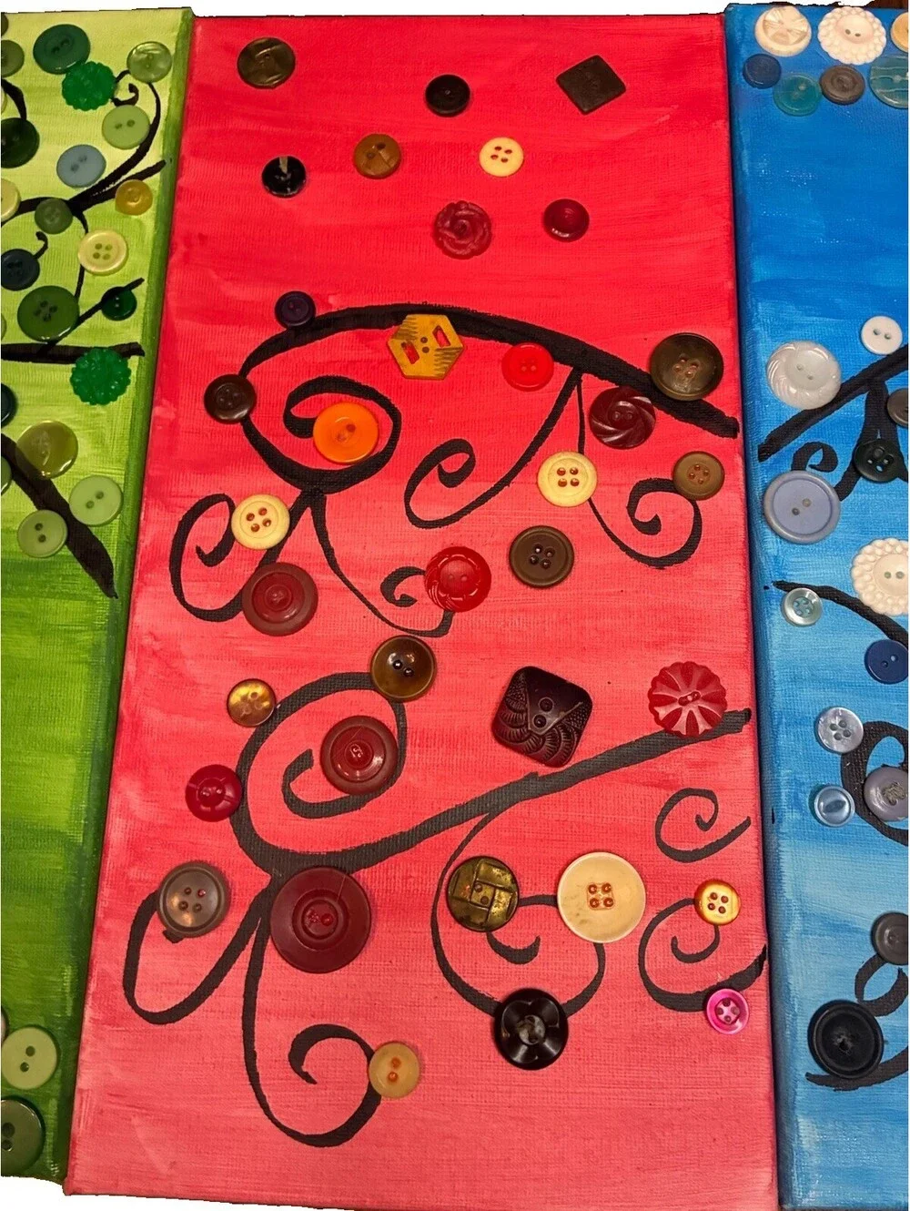 Whimsical Button Tree Canvas Wall Art 4 Piece Set Handmade Folk Art Mixed Media